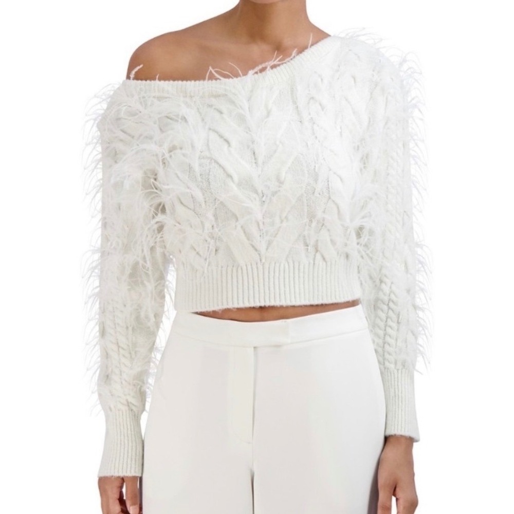 BCBGMAXAZRIA Feather Cable Knit Off Shoulder Sweater Sz XXS Coquette Nwt